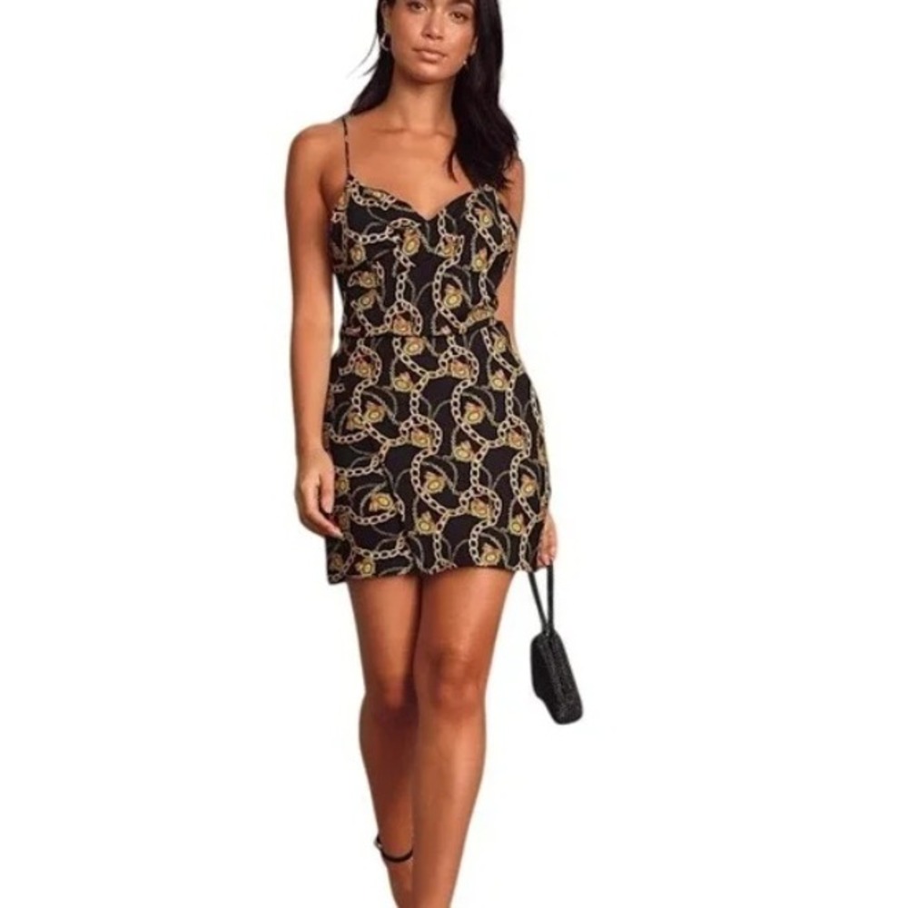 ASTR The Label Black Gold Chain Print Mini‎ Dress Tie Back Small